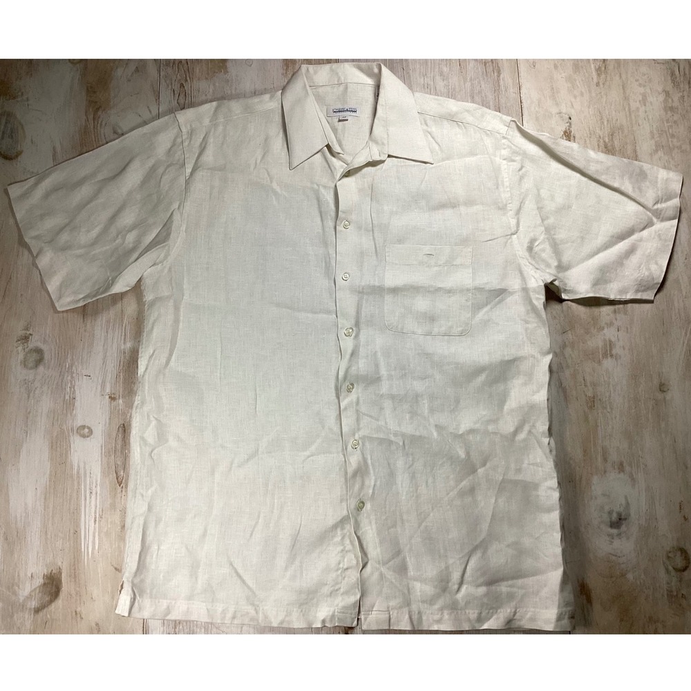 Joseph & Feiss Mens XLT Linen Short Sleeve Button Up Shirt Beige Off White Tall